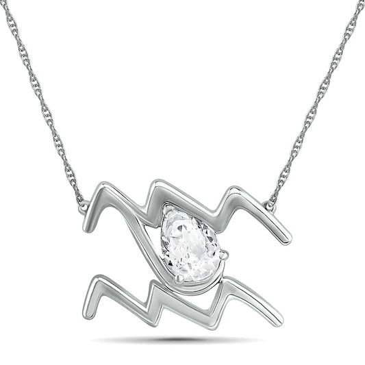 Pear-Shaped White Lab-Created Sapphire Aquarius Zodiac Sign Necklace in Sterling Silver