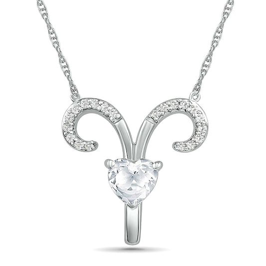 6.0mm Heart-Shaped and Round White Lab-Created Sapphire Aries Zodiac Sign Necklace in Sterling Silver