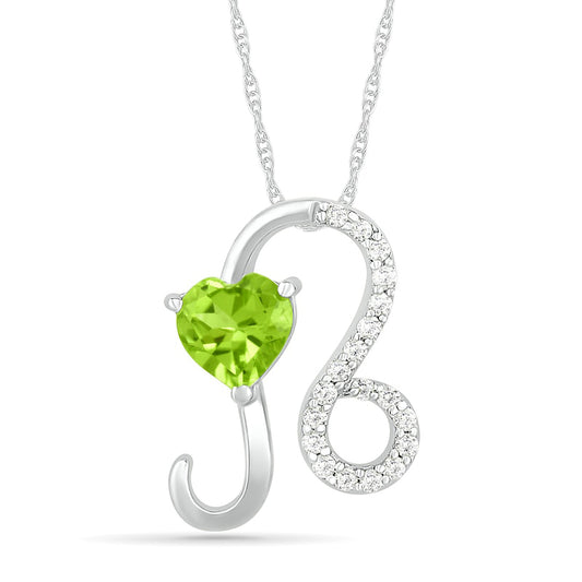 6.0mm Heart-Shaped Peridot and White Lab-Created Sapphire Leo Zodiac Sign Pendant in Sterling Silver