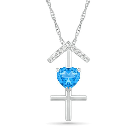 6.0mm Heart-Shaped Blue Topaz and White Lab-Created Sapphire Sagittarius Zodiac Sign Pendant in Sterling Silver