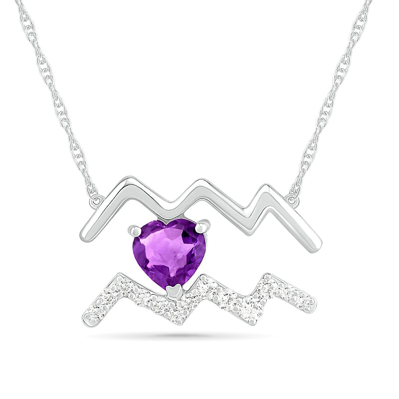 6.0mm Heart-Shaped Amethyst and White Lab-Created Sapphire Aquarius Zodiac Sign Necklace in Sterling Silver