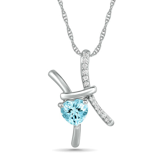 6.0mm Heart-Shaped Simulated Aquamarine and White Lab-Created Sapphire Pisces Zodiac Sign Pendant in Sterling Silver
