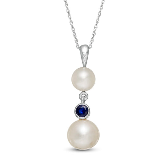 Button Cultured Freshwater Pearl and Blue Sapphire Double Drop Pendant in 10K White Gold