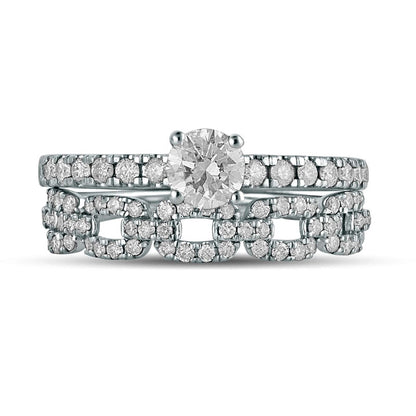 1.0 CT. T.W. Natural Diamond Rolo Chain Link Bridal Engagement Ring Set in Solid 10K White Gold