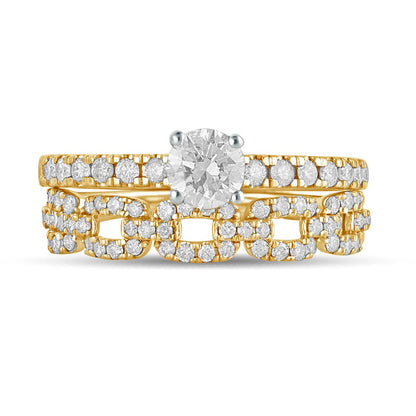 1.0 CT. T.W. Natural Diamond Rolo Chain Link Bridal Engagement Ring Set in Solid 10K Yellow Gold
