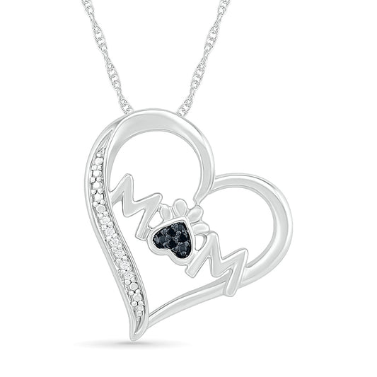 0.05 CT. T.W. Black Enhanced and White Natural Diamond Tilted Heart "MOM" Pendant in Sterling Silver