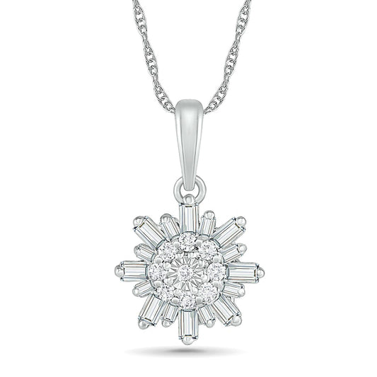 0.25 CT. T.W. Baguette and Round Natural Diamond Snowflake Pendant in 10K White Gold