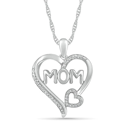 0.1 CT. T.W. Natural Diamond Double Heart "MOM" Pendant in Sterling Silver