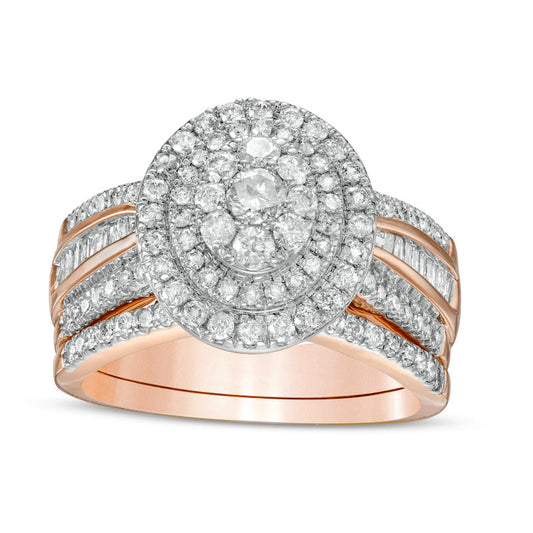1.25 CT. T.W. Composite Baguette and Round Natural Diamond Double Oval-Shape Frame Bridal Engagement Ring Set in Solid 10K Rose Gold