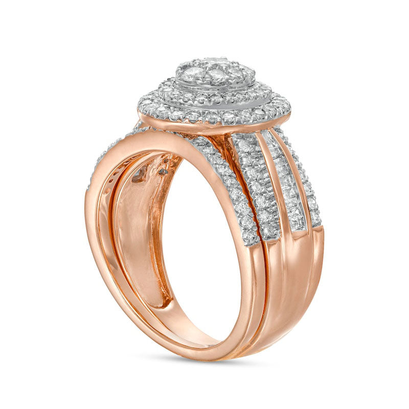 1.25 CT. T.W. Composite Baguette and Round Natural Diamond Double Oval-Shape Frame Bridal Engagement Ring Set in Solid 10K Rose Gold