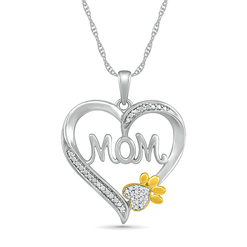Natural Diamond Accent Heart "Mom" with Paw Pendant in Sterling Silver and 10K Yellow Gold