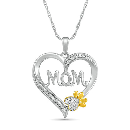 Natural Diamond Accent Heart "Mom" with Paw Pendant in Sterling Silver and 10K Yellow Gold
