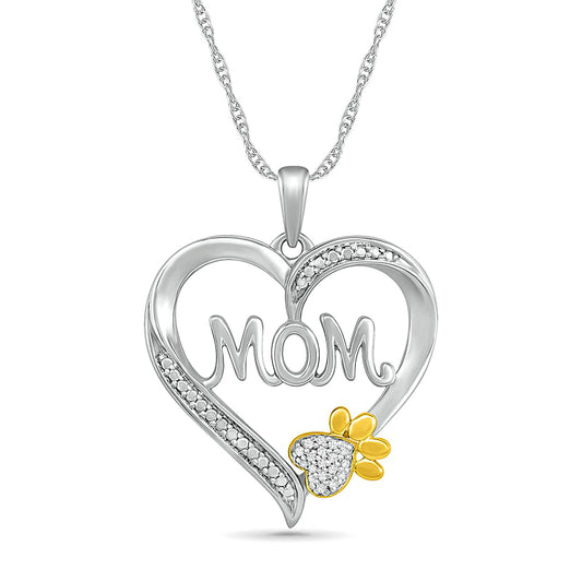 Natural Diamond Accent Heart "Mom" with Paw Pendant in Sterling Silver and 10K Yellow Gold