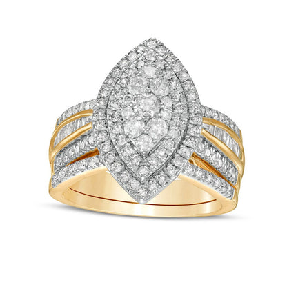 1.25 CT. T.W. Composite Baguette and Round Natural Diamond Double Marquise-Shape Frame Bridal Engagement Ring Set in Solid 10K Yellow Gold