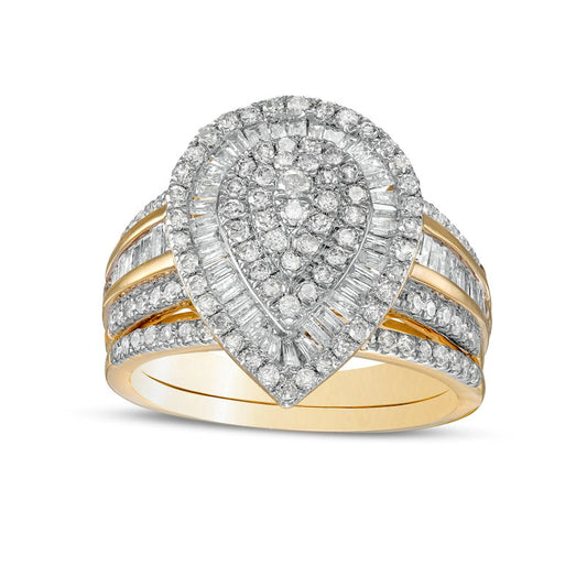 1.25 CT. T.W. Composite Baguette and Round Natural Diamond Layered Pear-Shape Frame Bridal Engagement Ring Set in Solid 10K Yellow Gold