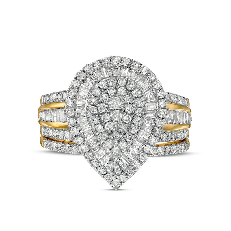 1.25 CT. T.W. Composite Baguette and Round Natural Diamond Layered Pear-Shape Frame Bridal Engagement Ring Set in Solid 10K Yellow Gold