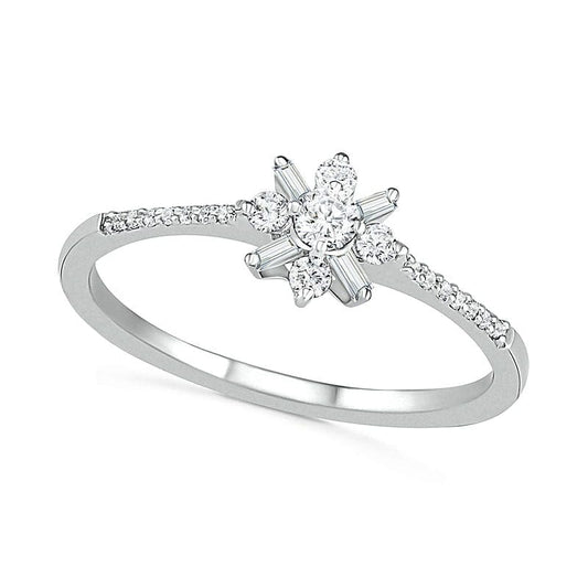 0.25 CT. T.W. Baguette and Round Natural Diamond Flower Promise Ring in Solid 10K White Gold