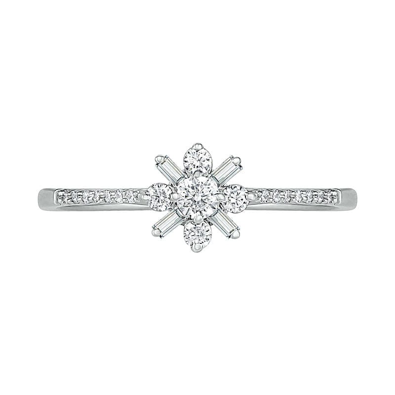 0.25 CT. T.W. Baguette and Round Natural Diamond Flower Promise Ring in Solid 10K White Gold
