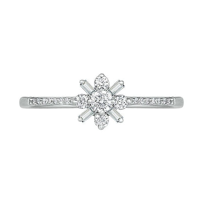 0.25 CT. T.W. Baguette and Round Natural Diamond Flower Promise Ring in Solid 10K White Gold