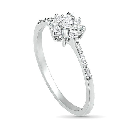 0.25 CT. T.W. Baguette and Round Natural Diamond Flower Promise Ring in Solid 10K White Gold