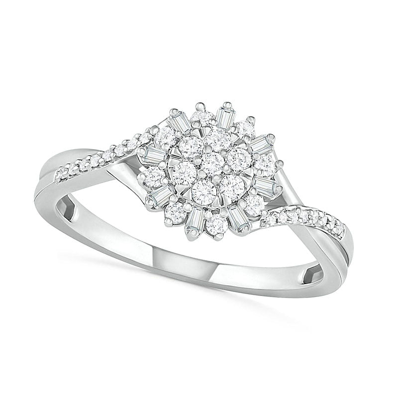 0.25 CT. T.W. Composite Baguette and Round Natural Diamond Split Shank Flower Promise Ring in Sterling Silver