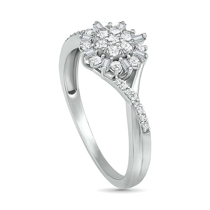 0.25 CT. T.W. Composite Baguette and Round Natural Diamond Split Shank Flower Promise Ring in Sterling Silver