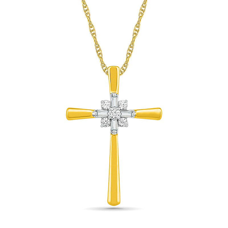 0.1 CT. T.W. Baguette and Round Natural Diamond Cross Sunburst Pendant in 10K Yellow Gold