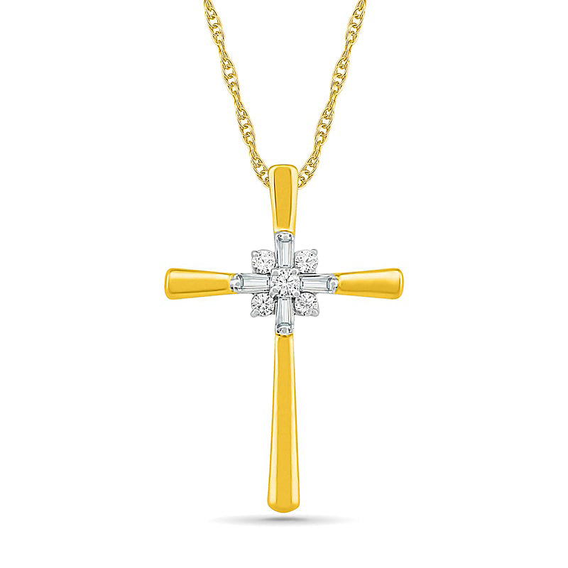 0.1 CT. T.W. Baguette and Round Natural Diamond Cross Sunburst Pendant in 10K Yellow Gold