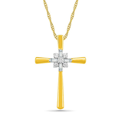 0.1 CT. T.W. Baguette and Round Natural Diamond Cross Sunburst Pendant in 10K Yellow Gold