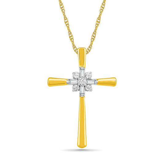0.1 CT. T.W. Baguette and Round Natural Diamond Cross Sunburst Pendant in 10K Yellow Gold
