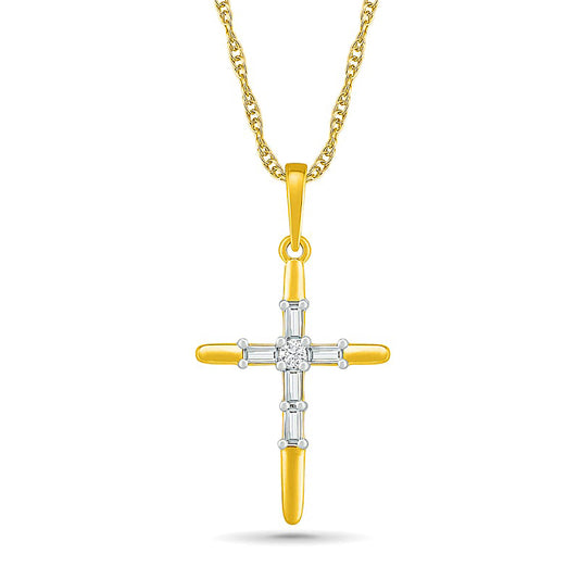 0.07 CT. T.W. Baguette and Round Natural Diamond Cross Pendant in 10K Yellow Gold