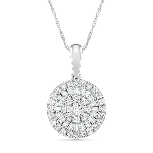 0.5 CT. T.W. Composite Baguette and Round Natural Diamond Double Frame Pendant in 10K White Gold