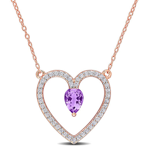 Pear-Shaped Amethyst and White Topaz Heart Outline Necklace in Sterling Silver with Rose Rhodium - 17"