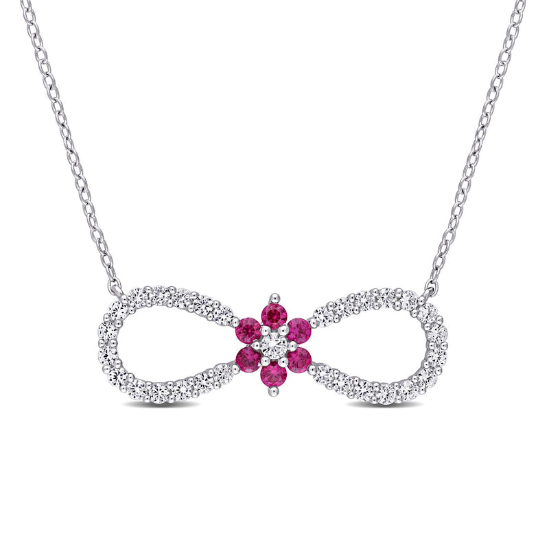 Lab-Created Ruby and White Sapphire Infinity with Flower Necklace in Sterling Silver - 17"