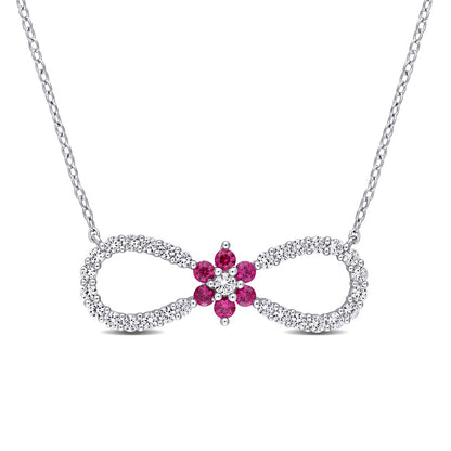 Lab-Created Ruby and White Sapphire Infinity with Flower Necklace in Sterling Silver - 17"