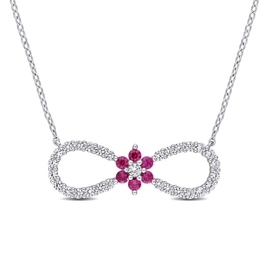 Lab-Created Ruby and White Sapphire Infinity with Flower Necklace in Sterling Silver - 17"