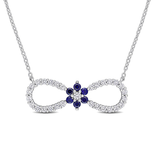Lab-Created Blue and White Sapphire Infinity with Flower Necklace in Sterling Silver - 17"