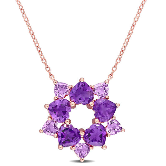 Heart-Shaped Amethyst and Rose de France Open Flower Necklace in Sterling Silver with Rose Rhodium