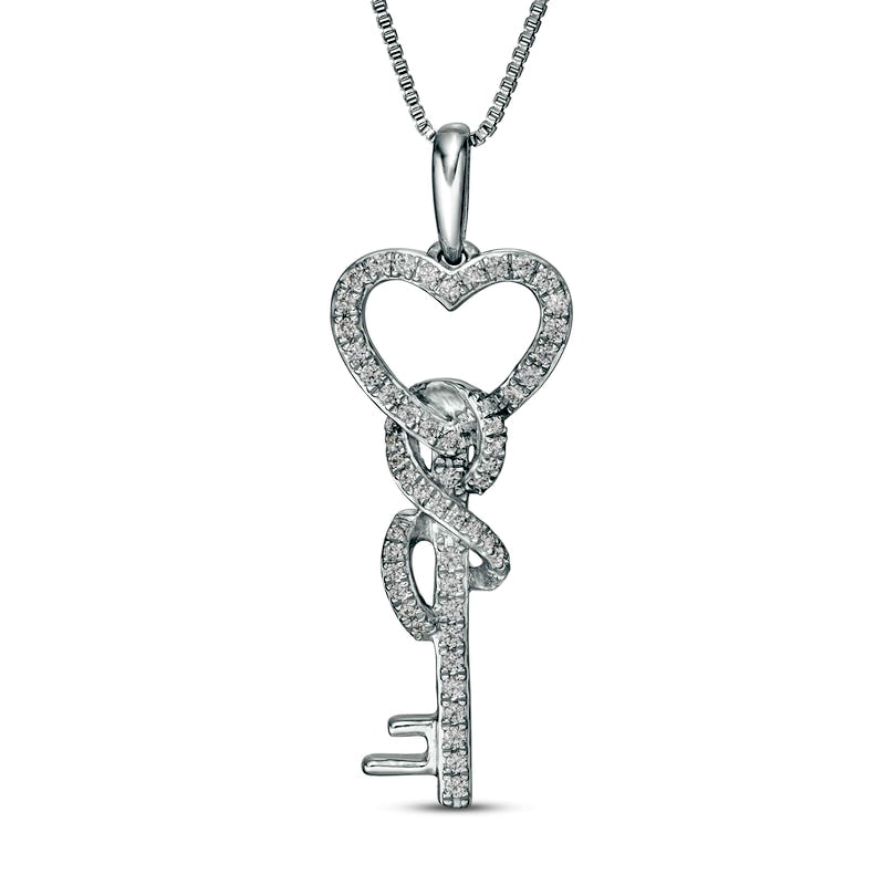 0.25 CT. T.W. Natural Diamond Heart-Top Key with Infinity Ribbon Pendant in Sterling Silver