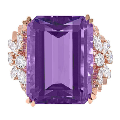 Emerald-Cut Amethyst and 1.75 CT. T.W. Multi-Shape Natural Diamond Floral Side Accent Cocktail Ring in Solid 14K Rose Gold
