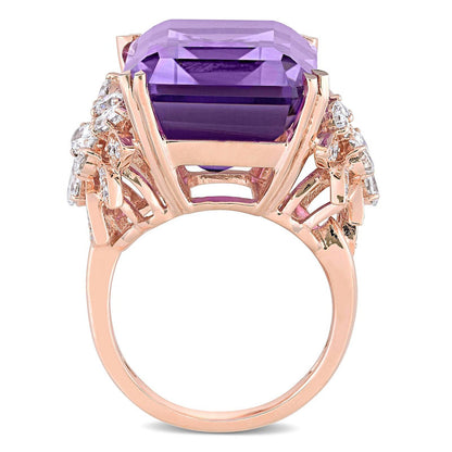 Emerald-Cut Amethyst and 1.75 CT. T.W. Multi-Shape Natural Diamond Floral Side Accent Cocktail Ring in Solid 14K Rose Gold
