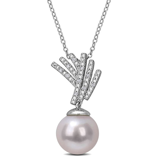 11.0-12.0mm Cultured Freshwater Pearl and 0.05 CT. T.W. Natural Diamond Criss-Cross Fan Drop Pendant in Sterling Silver