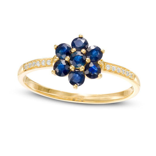 Blue Sapphire and Natural Diamond Accent Flower Cluster Ring in Solid 10K Yellow Gold