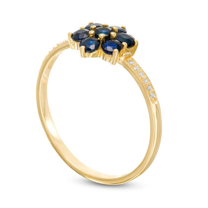 Blue Sapphire and Natural Diamond Accent Flower Cluster Ring in Solid 10K Yellow Gold