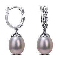 8.0-8.5mm Oval Cultured Freshwater Pearl and Diamond Accent Twist Drop Earrings in Sterling Silver
