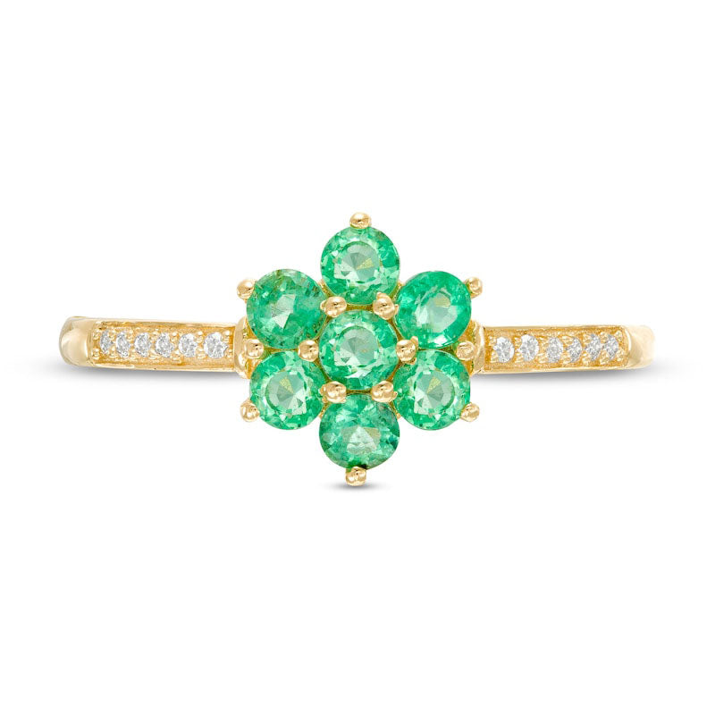 Emerald and Natural Diamond Accent Flower Cluster Ring in Solid 10K Yellow Gold