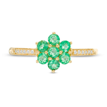 Emerald and Natural Diamond Accent Flower Cluster Ring in Solid 10K Yellow Gold