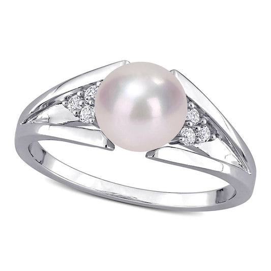7.0-7.5mm Cultured Freshwater Pearl and Natural Diamond Accent Tri-Sides Split Shank Ring in Sterling Silver