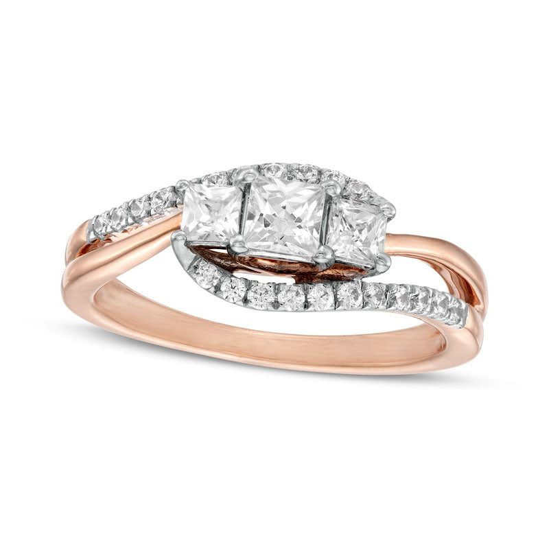 0.75 CT. T.W. Princess-Cut and Round Natural Diamond Three Stone Bypass Ring in Solid 10K Rose Gold