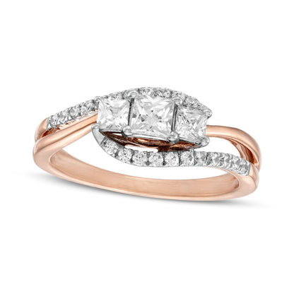 0.75 CT. T.W. Princess-Cut and Round Natural Diamond Three Stone Bypass Ring in Solid 10K Rose Gold